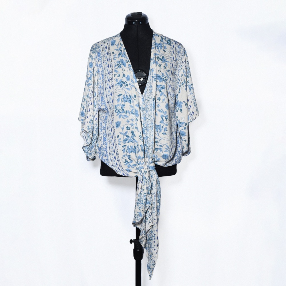 V neckline oversized tie cotton blouse